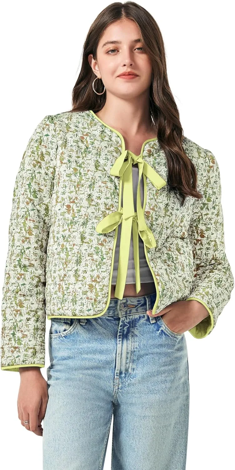 Yousify Womens Cropped Puffer Jackets Floral Print Tie Open Front Lightweight Quilted Jacket Winter Coats Outerwear