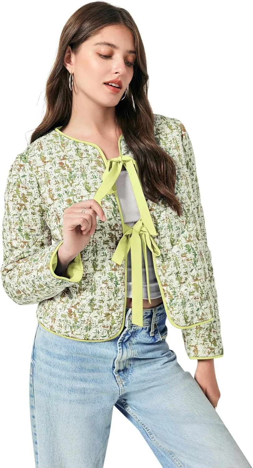 Yousify Womens Cropped Puffer Jackets Floral Print Tie Open Front Lightweight Quilted Jacket Winter Coats Outerwear